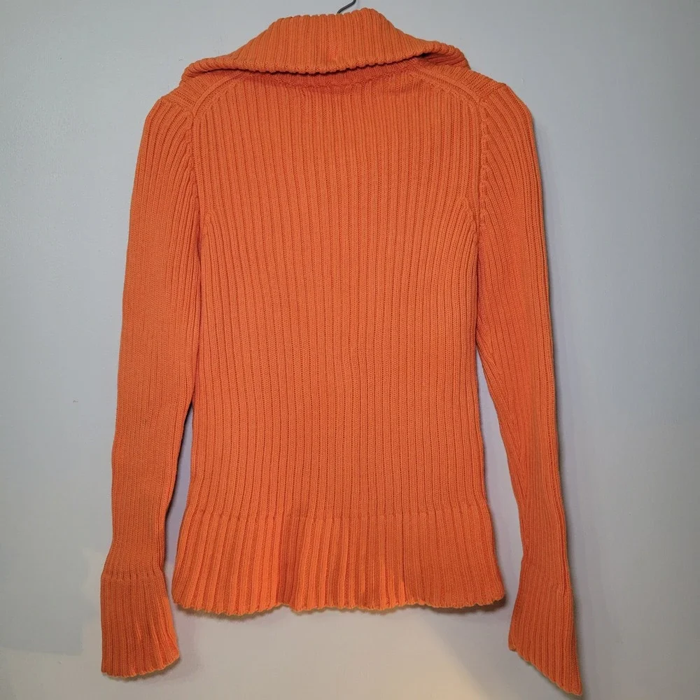 Banana Republic Ribbed Collared Zip Up Woman's Sweater Orange/White Medium‎ - Picture 5 of 9